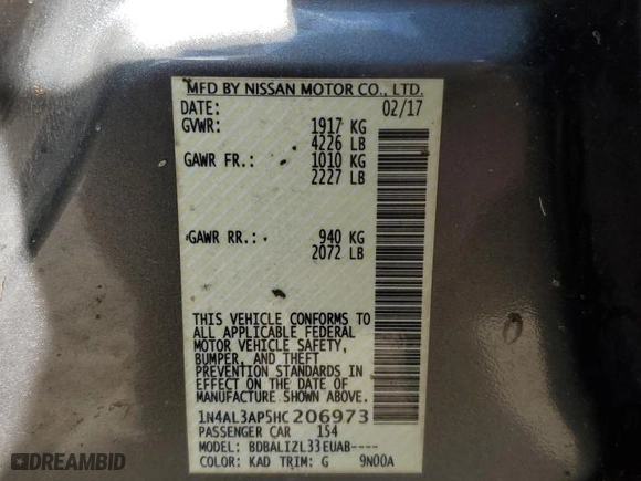 2017 Nissan Altima 2.5 SR with VIN 1N4AL3AP5HC206973, listed as a Copart auction lot 52774885 with 0 mi miles and Salvage Title. Bid and sale history available at carsss.com. Image 12.