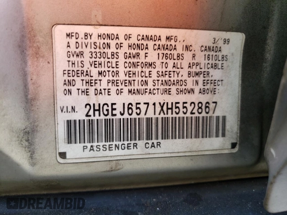1999 Honda Civic LX with VIN 2HGEJ6571XH552867, listed as a Copart auction lot 81715654 with 234,544 mi miles and Salvage Title. Bid and sale history available at DreamBid. Image 12.