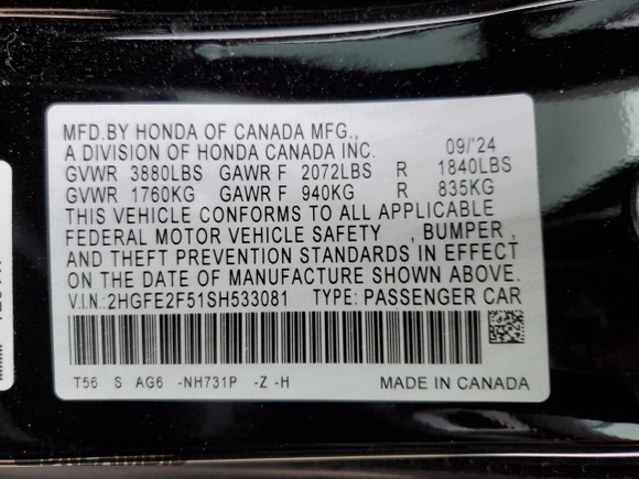 2025 Honda Civic Sedan Sport with VIN 2HGFE2F51SH533081, listed as a Copart auction lot 88772495 with 1,850 mi miles and Salvage Title. Bid and sale history available at carsss.com. Image 13.