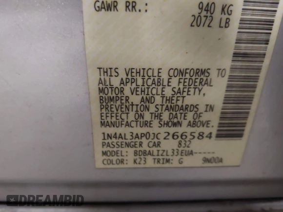 2018 Nissan Altima SR with VIN 1N4AL3AP0JC266584, listed as a IAAI auction lot 41900484 with 136,223 mi miles and . Bid and sale history available at carsss.com. Image 9.