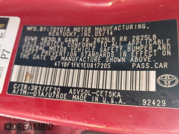 2014 Toyota Camry L with VIN 4T1BF1FK1EU817205, listed as a IAAI auction lot 41753999 with 162,984 mi miles. Bid and sale history available at carsss.com. Image 9.