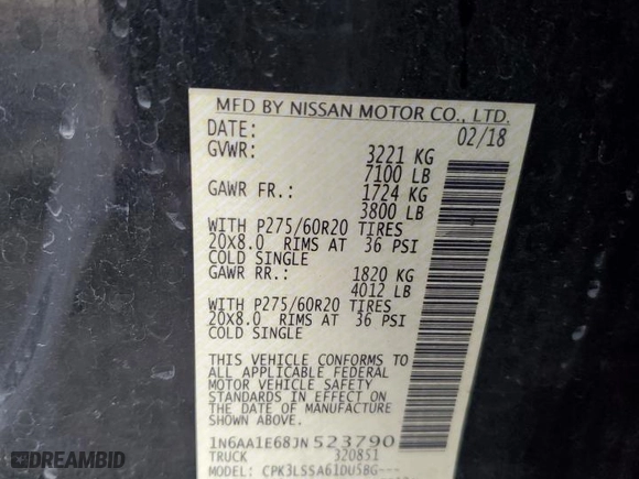 2018 Nissan Titan SV with VIN 1N6AA1E68JN523790, listed as a Copart auction lot 49705655 with 184,990 mi miles and Salvage Title. Bid and sale history available at carsss.com. Image 14.