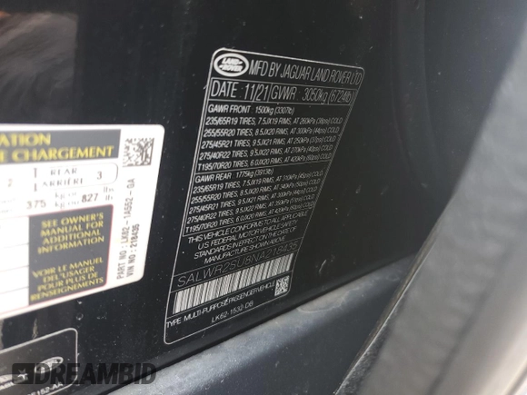 2022 Land Rover Range Rover Sport HSE Silver Edition with VIN SALWR2SU8NA218435, listed as a Copart auction lot 61110485 with 35,416 mi miles and Salvage title. Bid and sale history available at DreamBid. Image 13.