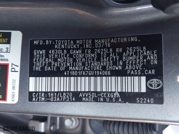 2016 Toyota Camry Hybrid LE with VIN 4T1BD1FK7GU194066, listed as a IAAI auction lot 41425506 with NaN miles. Bid and sale history available at carsss.com. Image 9.