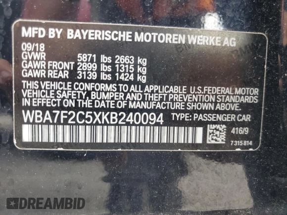 2019 BMW 7 Series 750i xDrive с VIN WBA7F2C5XKB240094, выставлен на аукционе Copart как лот 52735614 с пробегом 54 983 миль миль и Списание • Salvage title. История ставок и продаж доступна на DreamBid. Изображение 12.