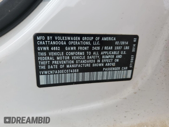 2014 Volkswagen Passat TDI SEL Premium with VIN 1VWCN7A30EC074358, listed as a Copart auction lot 51810105 with 120,430 mi miles and Salvage Title. Bid and sale history available at carsss.com. Image 12.