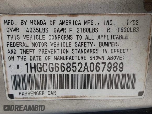 2002 Honda Accord SE z VIN 1HGCG66852A067989, wystawiony jako IAAI lot #41868854 z przebiegiem 177 905 mil mil oraz . Historia ofert i sprzedaży dostępna na DreamBid. Obrazek 9.