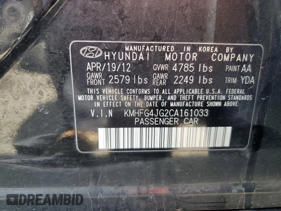 2012 Hyundai Azera with VIN KMHFG4JG2CA161033, listed as a Copart auction lot 52819405 with 89,102 mi miles and Salvage title. Bid and sale history available at DreamBid. Image 14.