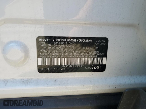 2020 Mitsubishi Eclipse Cross SE z VIN JA4AS5AAXLZ002061, wystawiony jako Copart lot #71199424 z przebiegiem 118 054 mil mil oraz Szkoda całkowita • Salvage title. Historia ofert i sprzedaży dostępna na DreamBid. Obrazek 13.