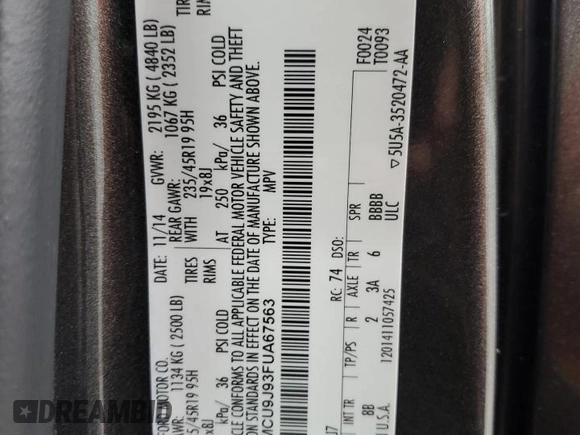 2015 Ford Escape Titanium with VIN 1FMCU9J93FUA67563, listed as a Copart auction lot 61770085 with 134,201 mi miles and Salvage title. Bid and sale history available at DreamBid. Image 14.