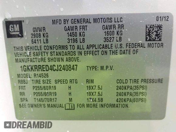 2012 GMC Acadia SLT1 with VIN 1GKKRRED4CJ240847, listed as a IAAI auction lot 42076025 with 194,534 mi miles. Bid and sale history available at carsss.com. Image 9.