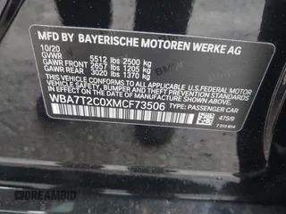 2021 BMW 7 Series 740i with VIN WBA7T2C0XMCF73506, listed as a IAAI auction lot 42335145 with 35,838 mi miles and . Bid and sale history available at DreamBid. Image 9.