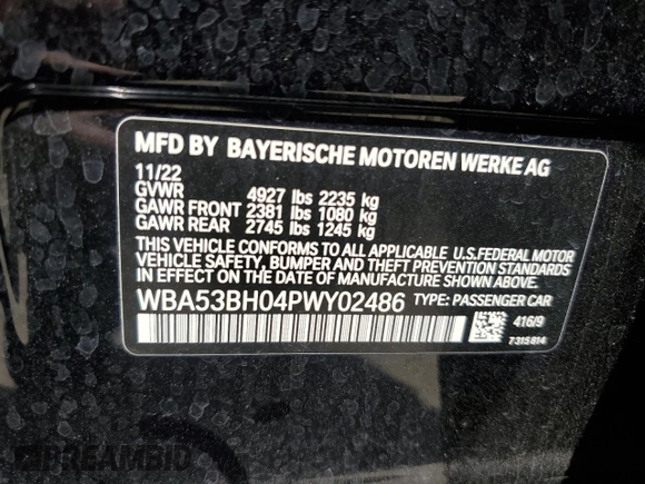 2023 BMW 5 Series 530i with VIN WBA53BH04PWY02486, listed as a Copart auction lot 54519385 with 26,979 mi miles and Salvage title. Bid and sale history available at DreamBid. Image 13.