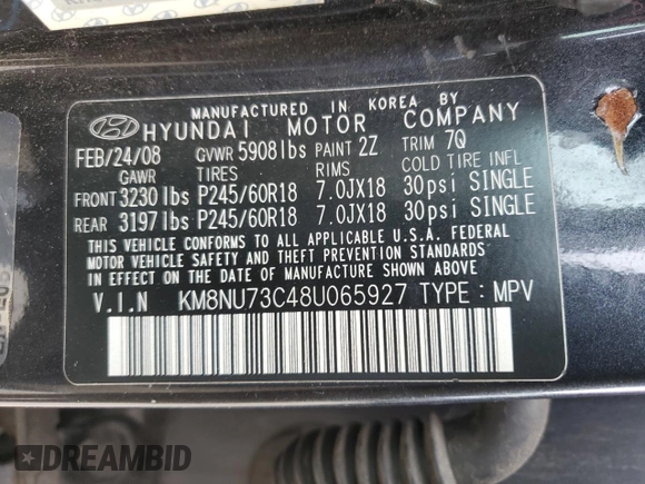 2008 Hyundai Veracruz GLS with VIN KM8NU73C48U065927, listed as a Copart auction lot 47870955 with 125,738 mi miles and Clean title. Bid and sale history available at DreamBid. Image 13.
