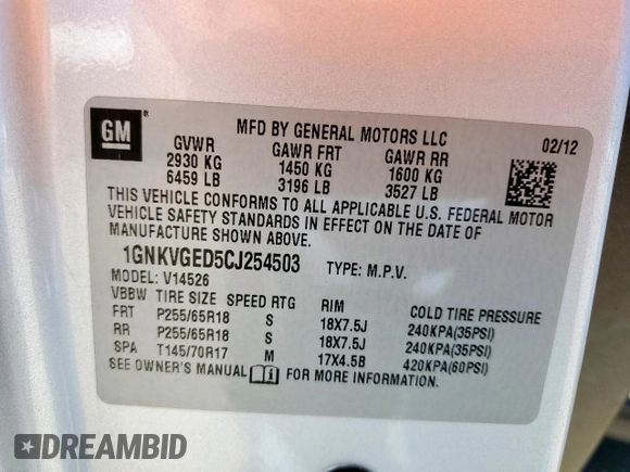 2012 Chevrolet Traverse 1LT z VIN 1GNKVGED5CJ254503, wystawiony jako Copart lot #57509375 z przebiegiem 210 388 mil mil oraz Szkoda całkowita • Salvage title. Historia ofert i sprzedaży dostępna na DreamBid. Obrazek 13.