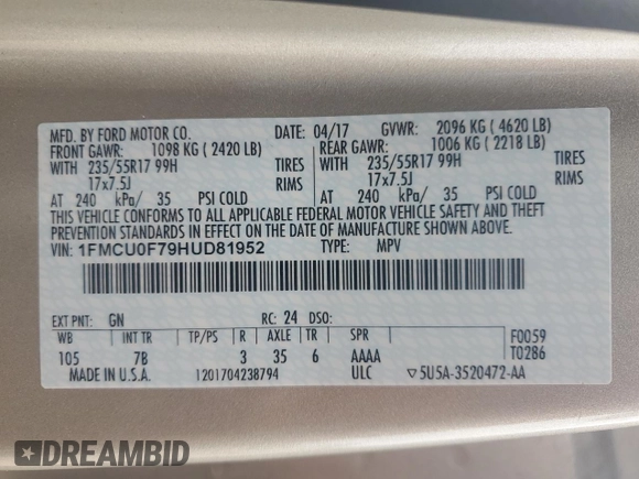 2017 Ford Escape S с VIN 1FMCU0F79HUD81952, выставлен на аукционе Copart как лот 57172565 с пробегом 133 860 миль миль и Списание • Salvage title. История ставок и продаж доступна на DreamBid. Изображение 14.