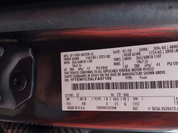2020 Ford F-150 XL with VIN 1FTEW1C5XLFA97159, listed as a IAAI auction lot 41898490 with 121,674 mi miles and . Bid and sale history available at DreamBid. Image 9.