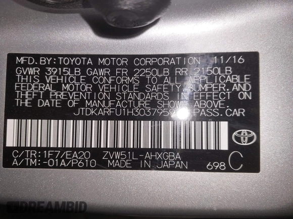 2017 Toyota Prius Two z VIN JTDKARFU1H3037959, wystawiony jako IAAI lot #41509021 z przebiegiem 82 500 mil mil oraz . Historia ofert i sprzedaży dostępna na DreamBid. Obrazek 9.