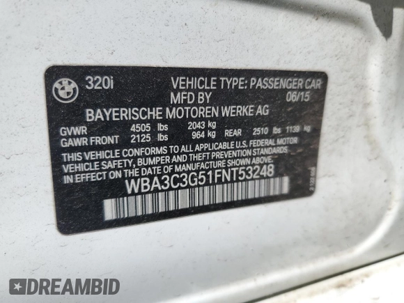 2015 BMW 3 Series 320i xDrive z VIN WBA3C3G51FNT53248, wystawiony jako Copart lot #48796835 z przebiegiem 134 063 mil mil oraz Szkoda całkowita • Salvage title. Historia ofert i sprzedaży dostępna na DreamBid. Obrazek 12.