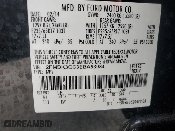 2014 Ford Edge SE z VIN 2FMDK3GC3EBA53984, wystawiony jako Copart lot #63010185 z przebiegiem 137 195 mil mil oraz Szkoda całkowita • Salvage title. Historia ofert i sprzedaży dostępna na DreamBid. Obrazek 12.