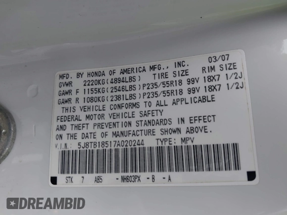 2007 Acura RDX Technology with VIN 5J8TB18517A020244, listed as a IAAI auction lot 42313340 with 148,316 mi miles and . Bid and sale history available at DreamBid. Image 9.
