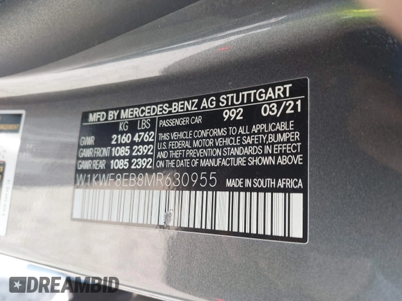 2021 Mercedes-Benz C 300 z VIN W1KWF8EB8MR630955, wystawiony jako IAAI lot #41764582 z przebiegiem 52 702 mil mil oraz . Historia ofert i sprzedaży dostępna na DreamBid. Obrazek 9.