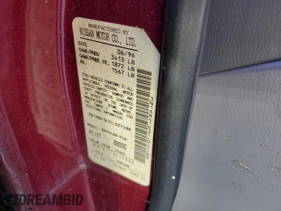 1996 Nissan Sentra XE z VIN 3N1AB41D3TL027288, wystawiony jako Copart lot #77255804 z przebiegiem 132 033 mil mil oraz Czysty tytuł • Clean title. Historia ofert i sprzedaży dostępna na DreamBid. Obrazek 12.