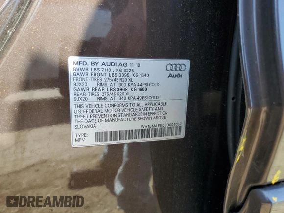 2011 Audi Q7 Premium Plus with VIN WA1LMAFE0BD005067, listed as a Copart auction lot 62080395 with 163,931 mi miles and Clean title. Bid and sale history available at DreamBid. Image 13.