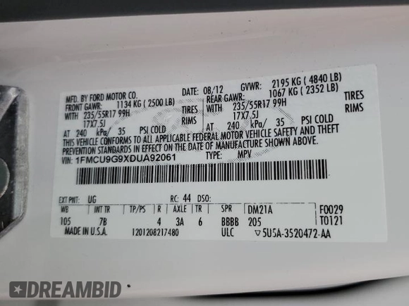 2013 Ford Escape SE with VIN 1FMCU9G9XDUA92061, listed as a Copart auction lot 63074655 with 150,848 mi miles and Salvage title. Bid and sale history available at DreamBid. Image 13.