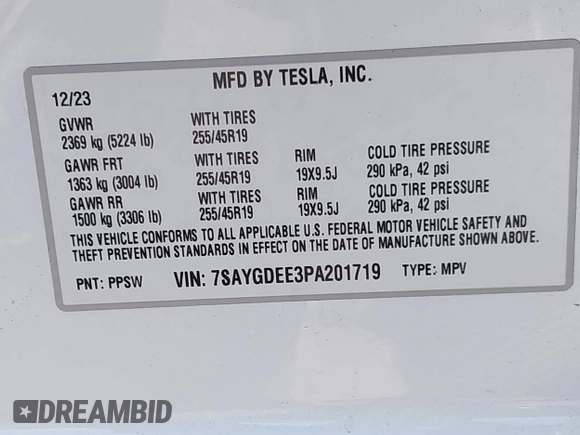 2023 Tesla Model Y Long Range with VIN 7SAYGDEE3PA201719, listed as a IAAI auction lot 42048816 with Not Provided miles and . Bid and sale history available at DreamBid. Image 9.