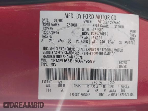 2008 Ford Explorer XLT with VIN 1FMEU63E18UA79599, listed as a IAAI auction lot 42612985 with 307,298 mi miles and . Bid and sale history available at DreamBid. Image 9.