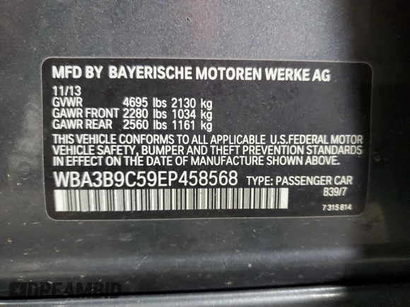 2014 BMW 3 Series 335i xDrive with VIN WBA3B9C59EP458568, listed as a Copart auction lot 61133085 with 177,009 mi miles and Salvage title. Bid and sale history available at DreamBid. Image 12.