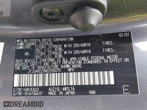 2021 Lexus NX 300 with VIN JTJGARDZ8M2250070, listed as a IAAI auction lot 42183625 with 63,748 mi miles and . Bid and sale history available at DreamBid. Image 9.