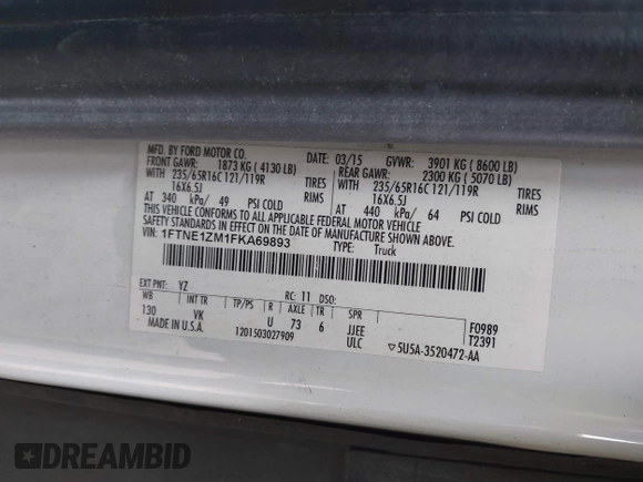 2015 Ford Transit Cargo with VIN 1FTNE1ZM1FKA69893, listed as a IAAI auction lot 41330596 with 234,974 mi miles. Bid and sale history available at carsss.com. Image 9.