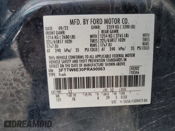 2023 Ford Maverick XL with VIN 3FTTW8E30PRA90063, listed as a Copart auction lot 51502685 with 34,133 mi miles and Salvage Title. Bid and sale history available at DreamBid. Image 13.