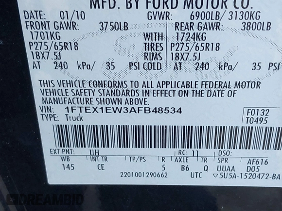 2010 Ford F-150 XL z VIN 1FTEX1EW3AFB48534, wystawiony jako IAAI lot #40646062 z przebiegiem 138 625 mil mil oraz . Historia ofert i sprzedaży dostępna na DreamBid. Obrazek 9.