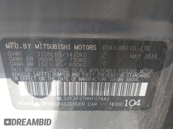 2017 Mitsubishi Mirage ES z VIN ML32F3FJ7HHF07442, wystawiony jako IAAI lot #42119494 z przebiegiem 72 123 mil mil oraz . Historia ofert i sprzedaży dostępna na DreamBid. Obrazek 9.