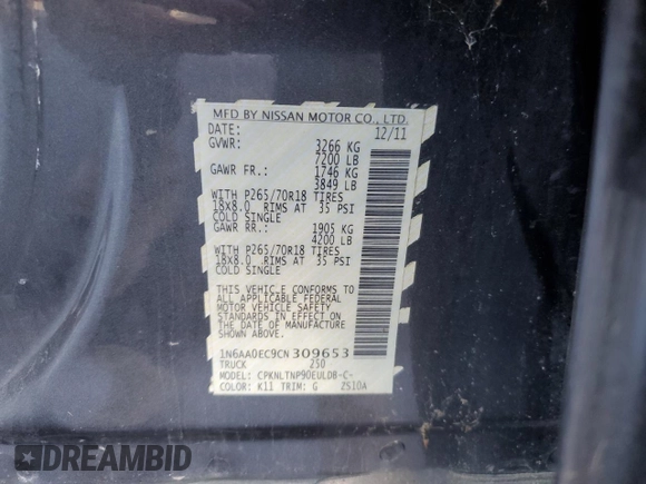 2012 Nissan Titan SV with VIN 1N6AA0EC9CN309653, listed as a Copart auction lot 85944054 with 146,956 mi miles and Salvage Title. Bid and sale history available at carsss.com. Image 12.