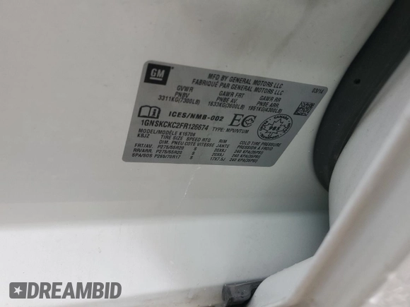2015 Chevrolet Tahoe LTZ z VIN 1GNSKCKC2FR126674, wystawiony jako Copart lot #83836704 z przebiegiem Nie podano mil oraz Szkoda całkowita • Salvage title. Historia ofert i sprzedaży dostępna na DreamBid. Obrazek 13.