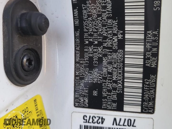 2012 Toyota Sienna with VIN 5TDKA3DCXCS012959, listed as a Copart auction lot 87316364 with Not Provided miles and Salvage Title. Bid and sale history available at DreamBid. Image 14.