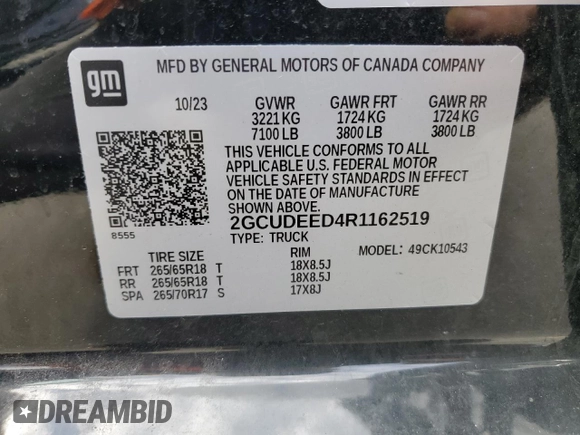 2024 Chevrolet Silverado 1500 RST with VIN 2GCUDEED4R1162519, listed as a Copart auction lot 45704185 with 46,115 mi miles and Salvage Title. Bid and sale history available at carsss.com. Image 12.