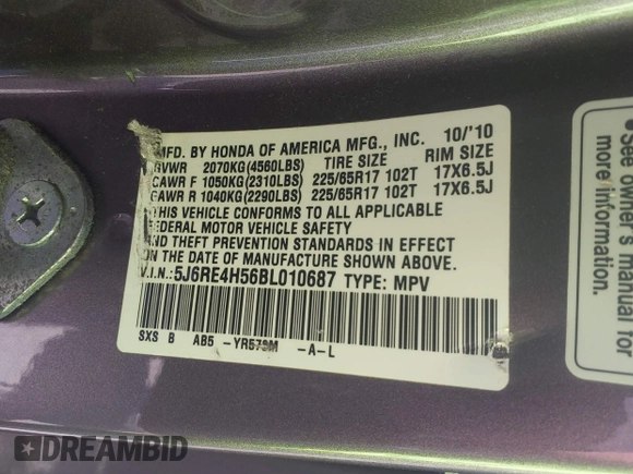 2011 Honda CR-V EX with VIN 5J6RE4H56BL010687, listed as a IAAI auction lot 42166073 with Not Provided miles and . Bid and sale history available at carsss.com. Image 9.