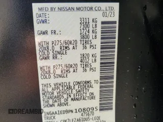 2023 Nissan Titan SV z VIN 1N6AA1ED9PN108095, wystawiony jako Copart lot #57963375 z przebiegiem 21 232 mil mil oraz Szkoda całkowita • Salvage title. Historia ofert i sprzedaży dostępna na DreamBid. Obrazek 13.