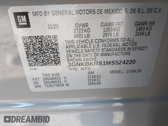 2021 Chevrolet Blazer RS with VIN 3GNKBKRS1MS524220, listed as a IAAI auction lot 41954163 with 68,759 mi miles and . Bid and sale history available at DreamBid. Image 9.