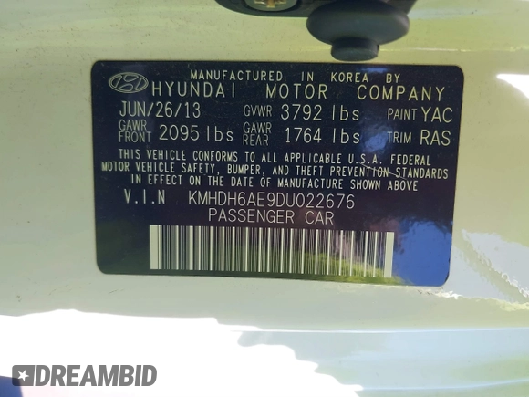 2013 Hyundai Elantra Coupe SE with VIN KMHDH6AE9DU022676, listed as a IAAI auction lot 41816486 with 158,326 mi miles. Bid and sale history available at carsss.com. Image 9.