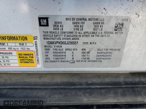 2016 GMC Acadia SLE with VIN 1GKKVPKD6GJ236552, listed as a Copart auction lot 46447865 with 150,568 mi miles and Salvage Title. Bid and sale history available at carsss.com. Image 14.