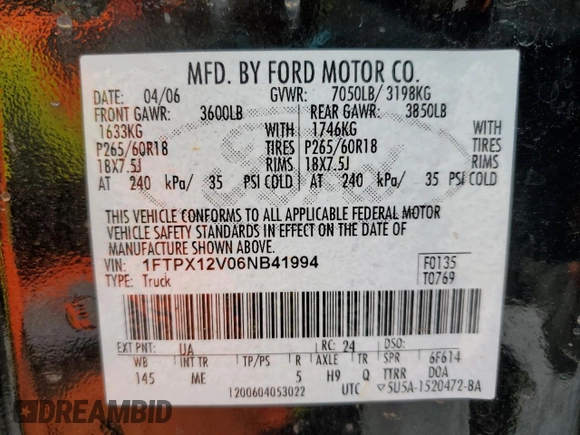 2006 Ford F-150 XL with VIN 1FTPX12V06NB41994, listed as a Copart auction lot 44464875 with 168,309 mi miles and Clean Title. Bid and sale history available at carsss.com. Image 12.