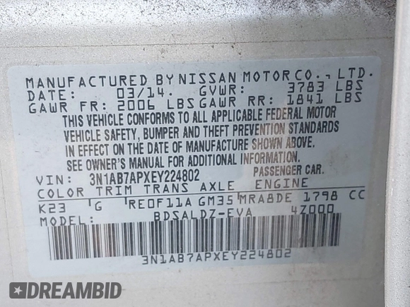 2014 Nissan Sentra SV with VIN 3N1AB7APXEY224802, listed as a IAAI auction lot 42215351 with 107,995 mi miles and . Bid and sale history available at DreamBid. Image 9.