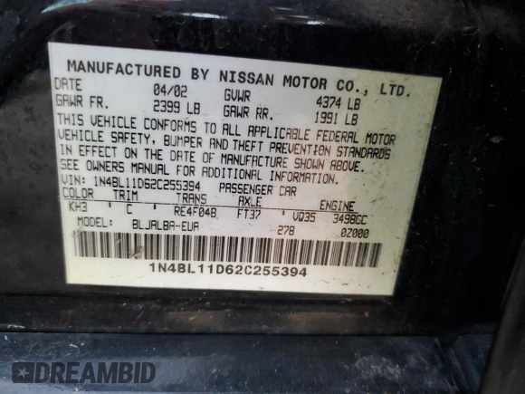 2002 Nissan Altima SE with VIN 1N4BL11D62C255394, listed as a Copart auction lot 70260043 with 126,514 mi miles and Non Repairable. Bid and sale history available at carsss.com. Image 13.