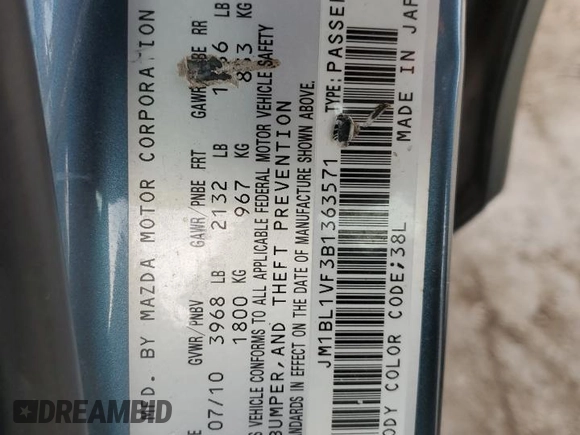 2011 Mazda 3 i Touring z VIN JM1BL1VF3B1363571, wystawiony jako Copart lot #58302245 z przebiegiem 137 830 mil mil oraz Szkoda całkowita • Salvage title. Historia ofert i sprzedaży dostępna na DreamBid. Obrazek 12.